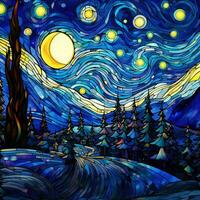 Starry night in stained glass style photo