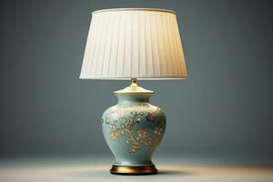 Classic porcelain table lamp spreading soothing light isolated on a gradient background photo