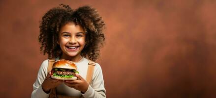 Career woman savoring gourmet burger on lunch break isolated on gradient background photo