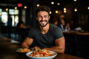 Fitness enthusiast eating post workout pasta health bar background with empty space for text photo