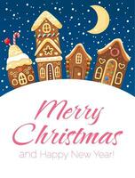 Christmas greeting card with colorful background. Gingerbread houses and snowy weather. Merry Christmas and happy new year vector