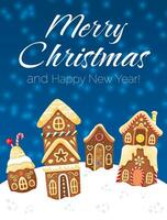 Christmas greeting card with colorful background. Gingerbread houses and snowy weather. Merry Christmas and happy new year vector