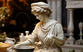 Marble greek woman statue cooks food in the modern kitchen photo