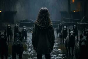 A girl stands before a herd of eerie dogs apprehensive photo