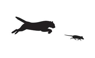 Vector black silhouette of cat running after mouse