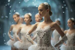 Ballerinas gracefully practicing their intricate snowflake choreography during rehearsal photo