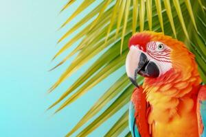 Tropical parrot with tinsel under palm tree background with empty space for text photo