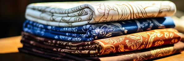 mano dibujado patrones en batik tela exhibiendo artesanal creatividad y artesanía foto