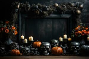 Hauntingly beautiful Halloween fireplace mantel decor background with empty space for text photo