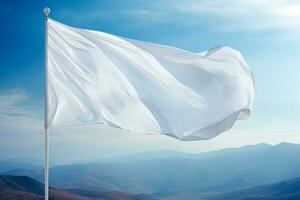 Mountain peak white flag fluttering in the wind isolated on a gradient background photo