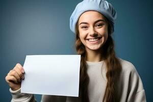 A recovering patient proudly displaying remission certificate isolated on a joyous gradient background photo