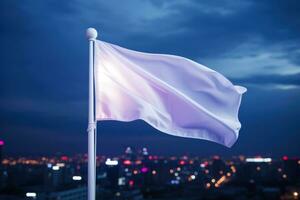 Neon illuminated white flag in urban night landscapes isolated on a gradient background photo