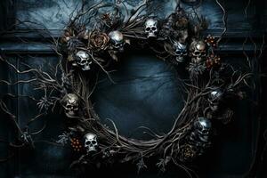 Gothic Halloween wreath adorning a dark door background with empty space for text photo