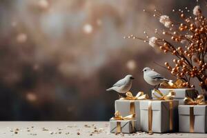 Bird centric minimalist Christmas gifts display background with empty space for text photo