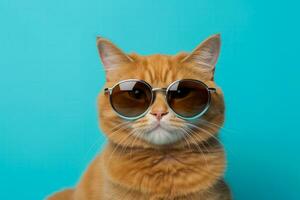 Funny ginger cat wearing sunglasses poses for closeup on cyan background photo