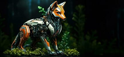 Robotic fox interacting with forest fauna isolated on a green gradient background photo