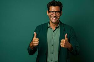 Man happily giving thumbs up on green background gesturing approval photo