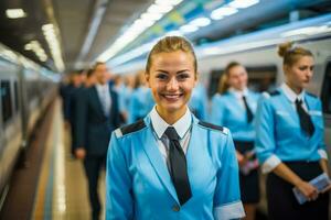 Train attendants providing service to travelers photo