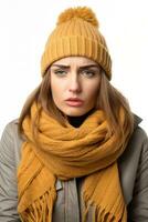 Person in woolen hat and scarf feeling sick in autumn isolated on a white background photo