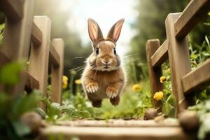 Brave rabbit tackling backyard obstacle course background with empty space for text photo