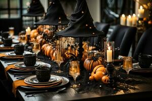 encantador habitación central presentando bruja sombreros telarañas y velas para Víspera de Todos los Santos cena foto