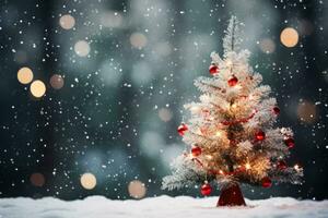 Festive outdoor Christmas tree with snow bokeh lights and falling snow creating a joyful holiday ambiance photo