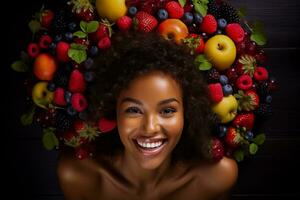 Healthy fruit and berries being consumed by a Black woman photo