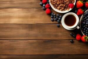 Classic American breakfast on wooden table background with empty space for text photo