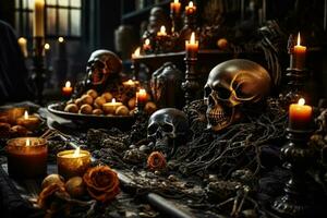 Mysterious Halloween table setup with creepy decorations and candlelight photo