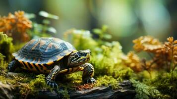 Exotic turtle exploring diverse terrains background with empty space for text photo