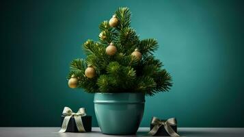 Live potted Christmas tree for sustainable celebration isolated on a gradient background photo