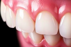 Healthy gums and teeth shown in detailed closeup background with empty space for text photo