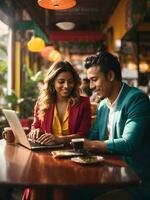 A vibrant Colombian cafe scene, with a man and woman enjoying a digital lifestyle, their laptop and mobile phone glowing in the warm sunlight photo