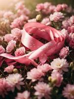A Pink Ribbon Illuminated by a bright light surrounded by flowers photo