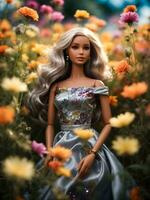 un Barbie muñeca con un reluciente plata vestido, en pie en un campo de vibrante flores silvestres foto