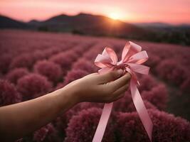 A woman hand holding a pink ribbon with a background of pink sky photo