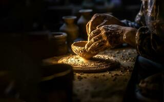 Shaping Clay on a Wooden Wheel in a Dimly Lit Workshop photo