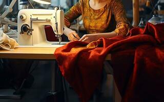 de coser máquina, rojo tela, taller, mujer, mesa, arte foto