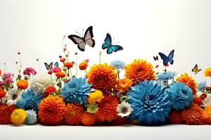 Flowers butterflies colorful white background photography 4K virtual high resolution Generative AI photo