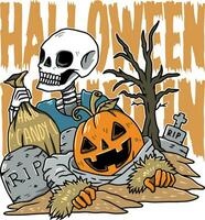 Happy Halloween. Vector illustration of a pumpkin and skeleton at the graveyard on Halloween day. Suitable for t shirt design, sticker, poster, book cover, etc