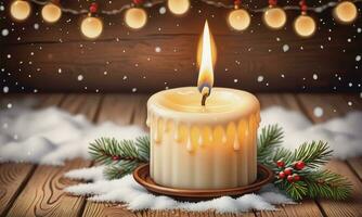 Burning candle Christmas decoration on wooden background photo