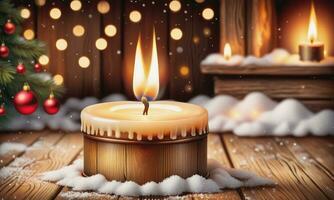 Burning candle Christmas decoration on wooden background photo