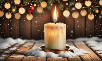 Burning candle Christmas decoration on wooden background photo