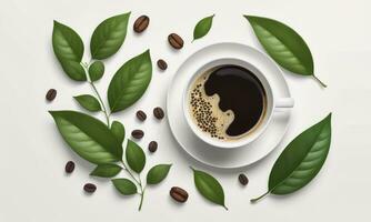 Cup of black coffee green leaves and beans on white background photo