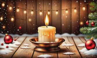 Burning candle Christmas decoration on wooden background in falling snow and defocused lights background photo