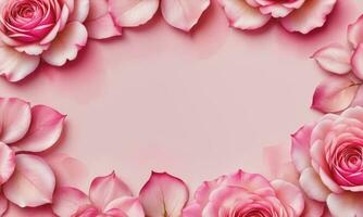 Pink rose petals set on pink background photo