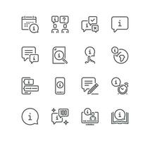 Set of reception related icons, information, journey path, guide book, info center, faq chat bubbles, info help desk, question mark, search information and linear variety vectors. vector