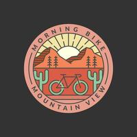 morning mountain biking badge vector illustration. mountain and bicycle monoline or line art style. design can be for t-shirts, sticker, printing needs