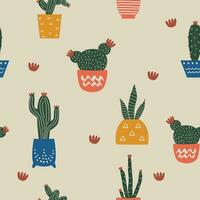 cute multicolored seamless pattern of cacti in pots vector illustration