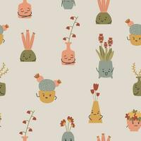 cute multicolored seamless pattern of cacti and flowers in pots with cute faces vector illustration